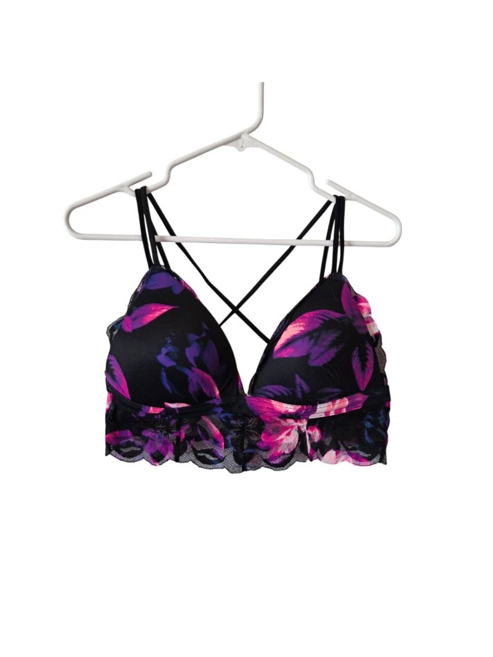Victorias Secret Pink Womens L Floral Lace Bralette Adjustable Straps Crossback